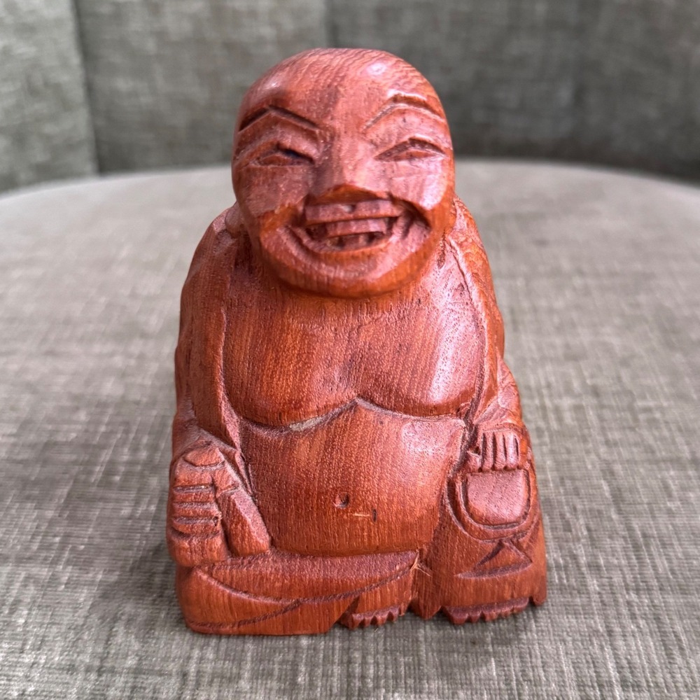 VTG Hand Carved Wood Laughing Buddha Figurine 4" Brown Made in Thailand Hotei